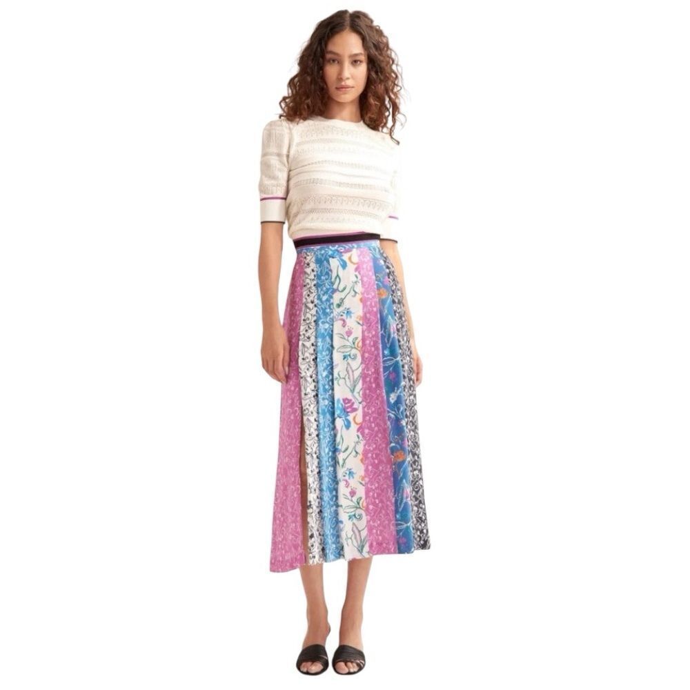 NWT Tanya Taylor Flavia Floral Silk Patchwork Slit Colorful Patterned Skirt 16